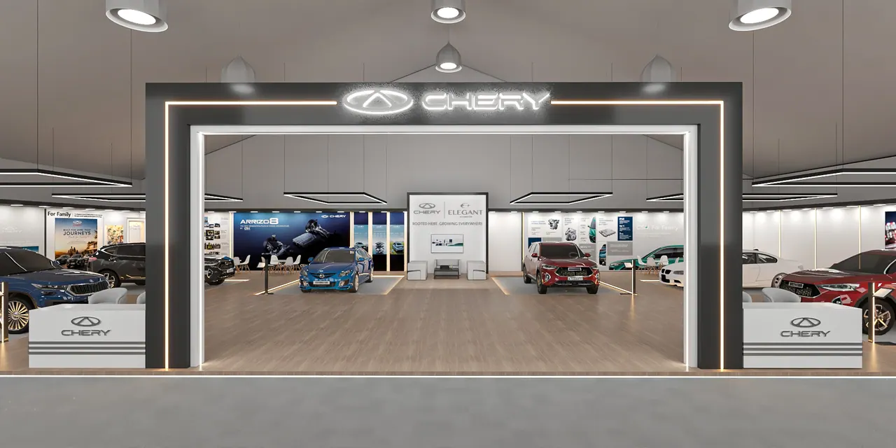 3D render of the Chery exhibition stand designed by KO DESIGN