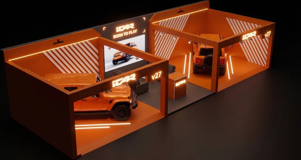 3D render of the iCAR exhibition stand designed by KO DESIGN